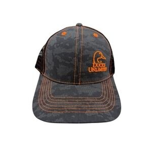 Ducks Unlimited Camo Snapback Hat Black Gray Orange Logo Outdoor Hunting Cap